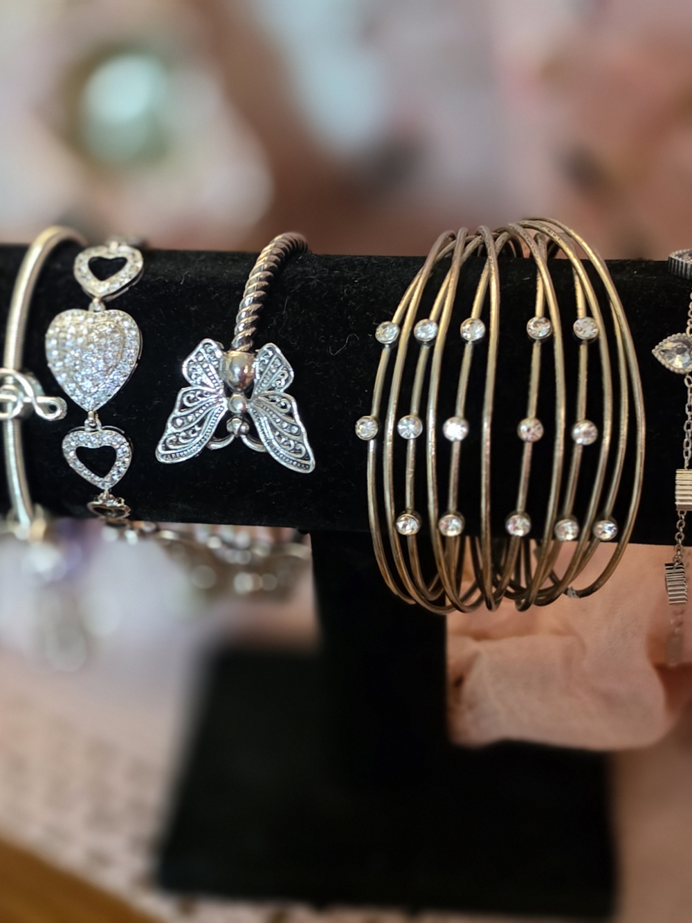 Silver Butterfly and Crystal Heart Bracelet Set - Women Jewelry Lot
